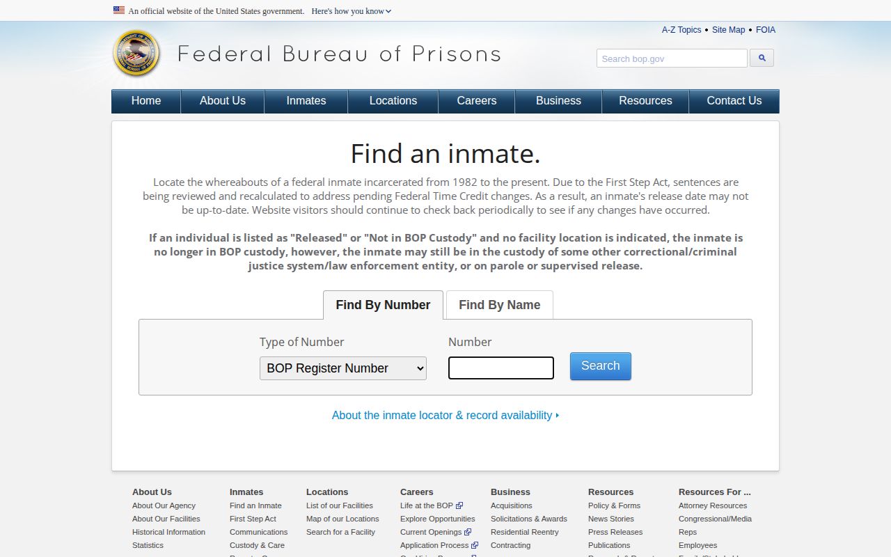 Federal BOP locator for an Idaho federal inmate release record