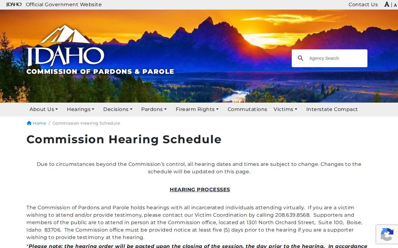 Idaho Commission parole hearing schedule for release review
