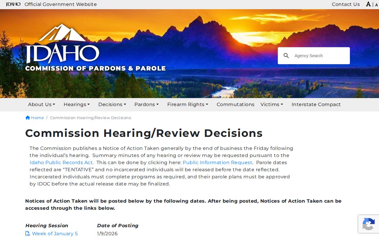 Idaho parole Commission decisions and tentative release actions