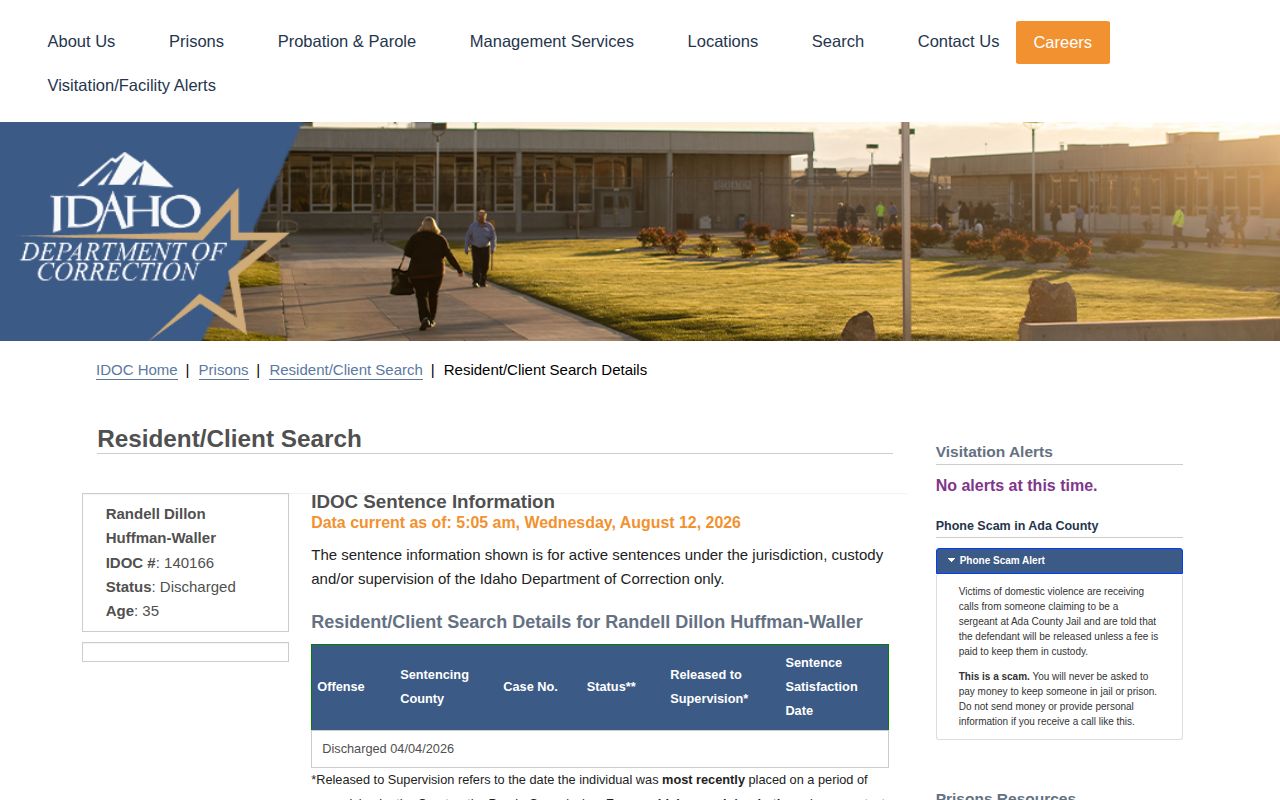 Idaho IDOC discharged inmate detail with discharge date