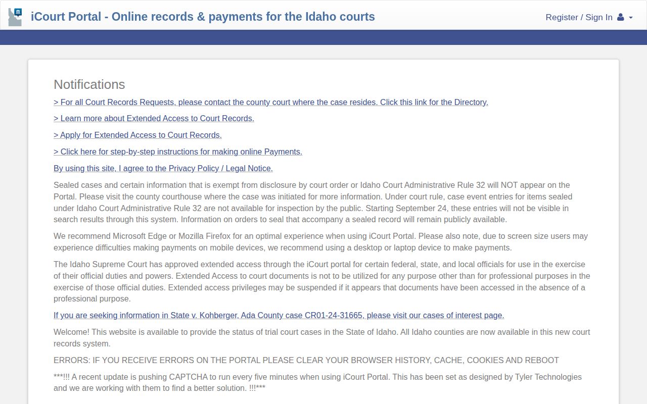 Idaho iCourt case portal for release and disposition context