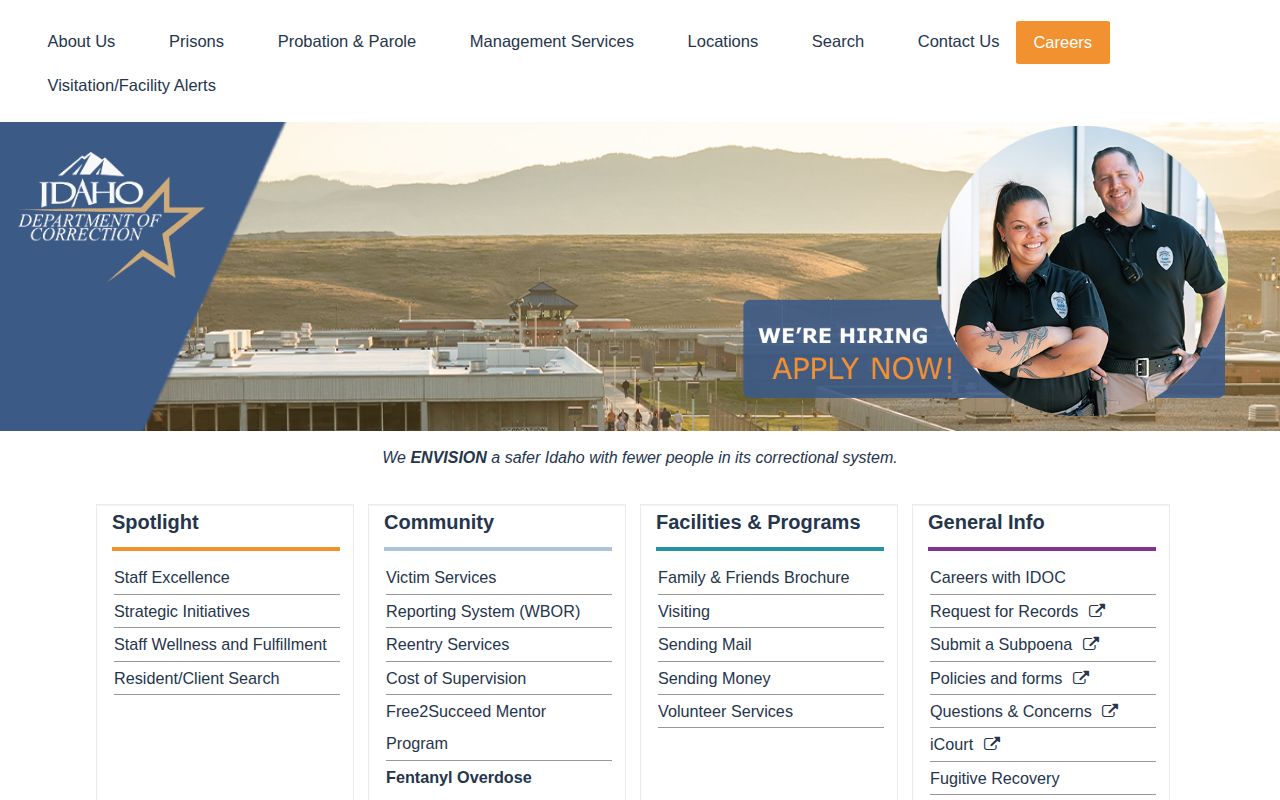 Idaho IDOC home page for released inmate and correction records
