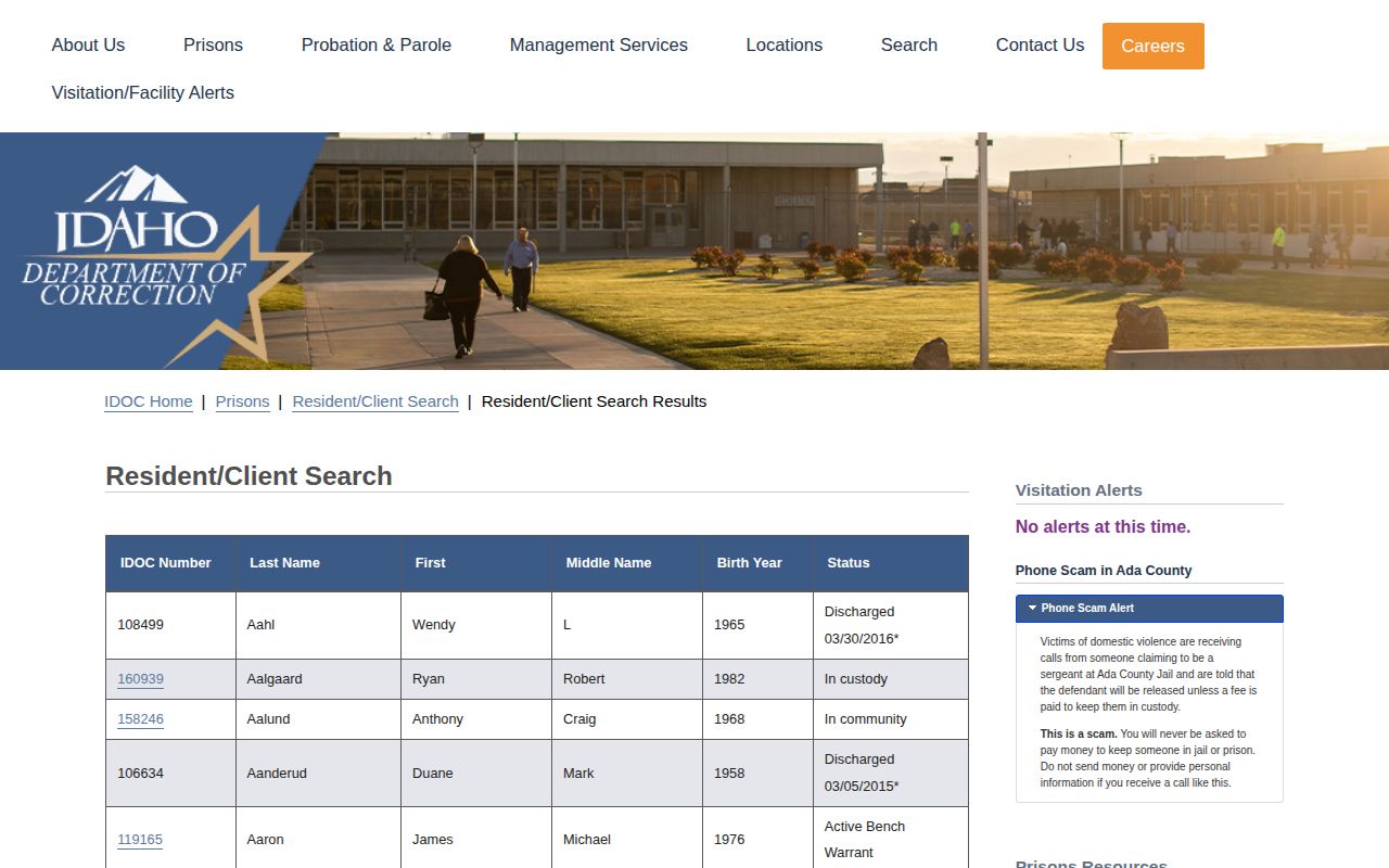 IDOC results showing Idaho custody community and discharge statuses