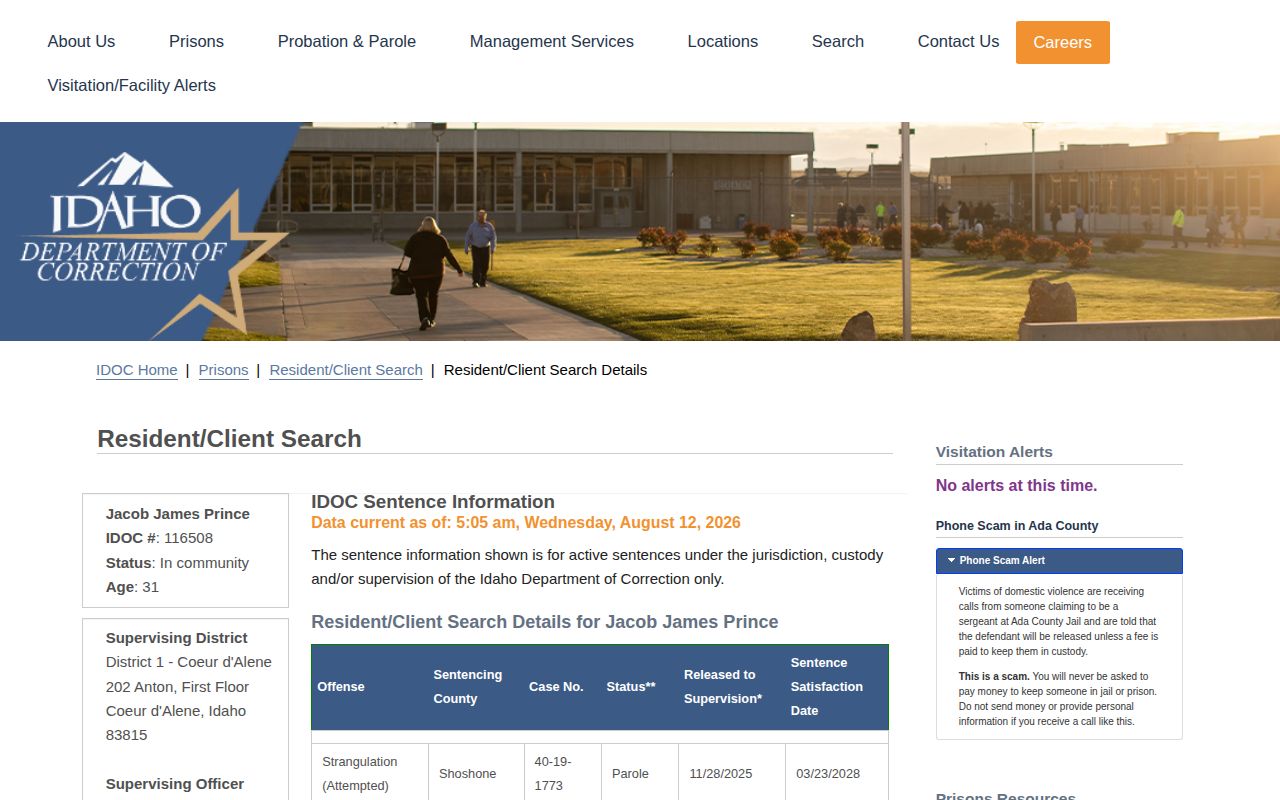 Idaho IDOC in-community release supervision detail fields
