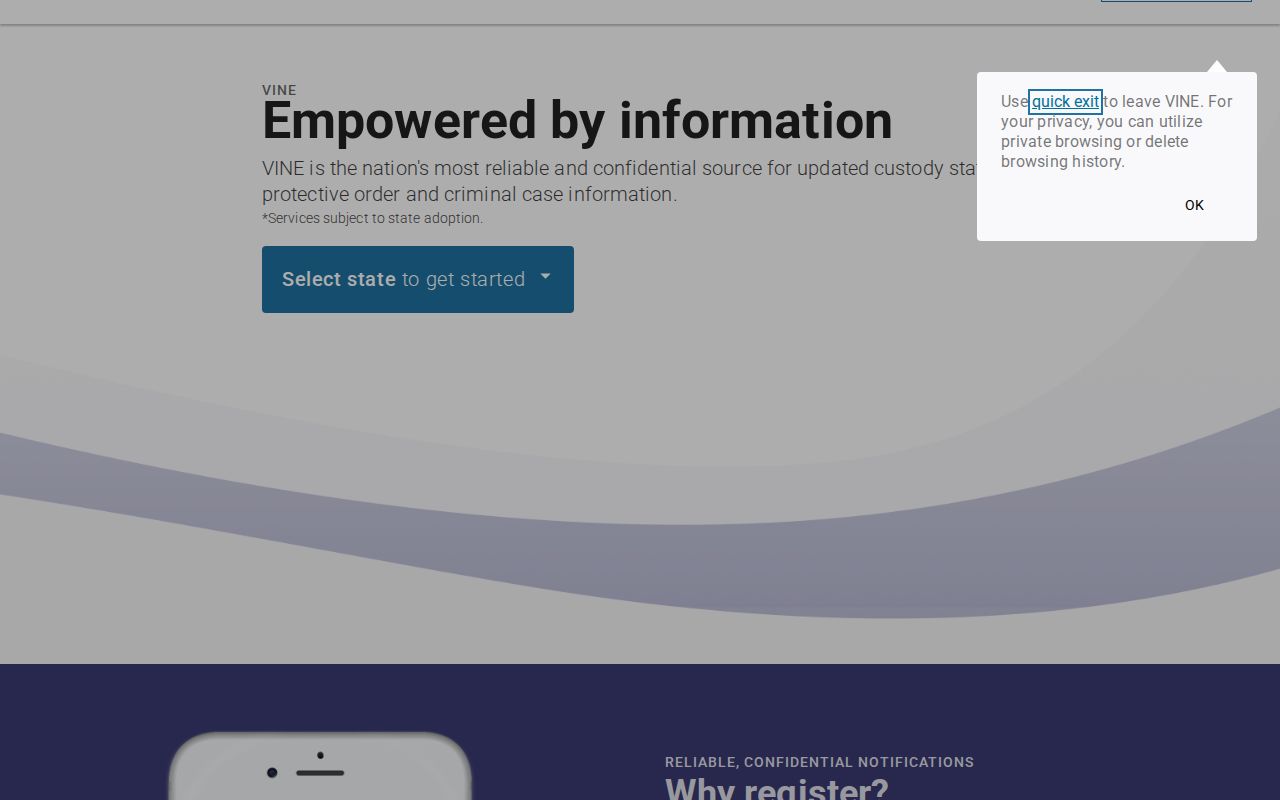 VINELink Idaho release notification state selection screen